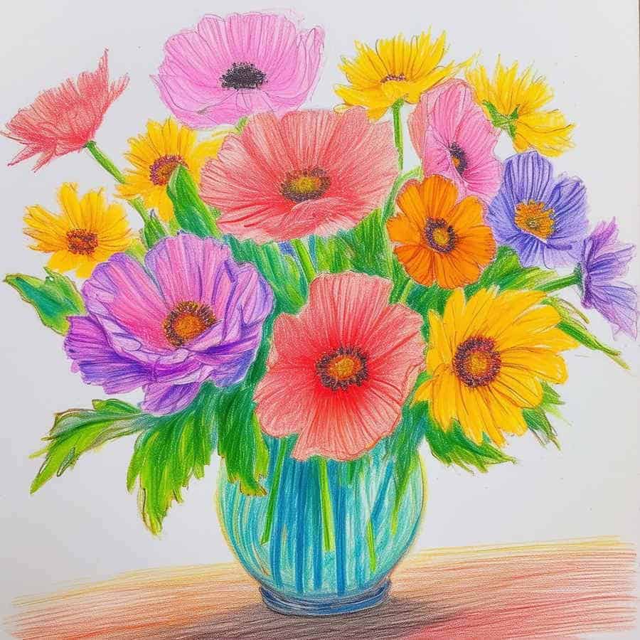 Blumen in Blumenvase - gezeichnet mit Buntstiften (NF)