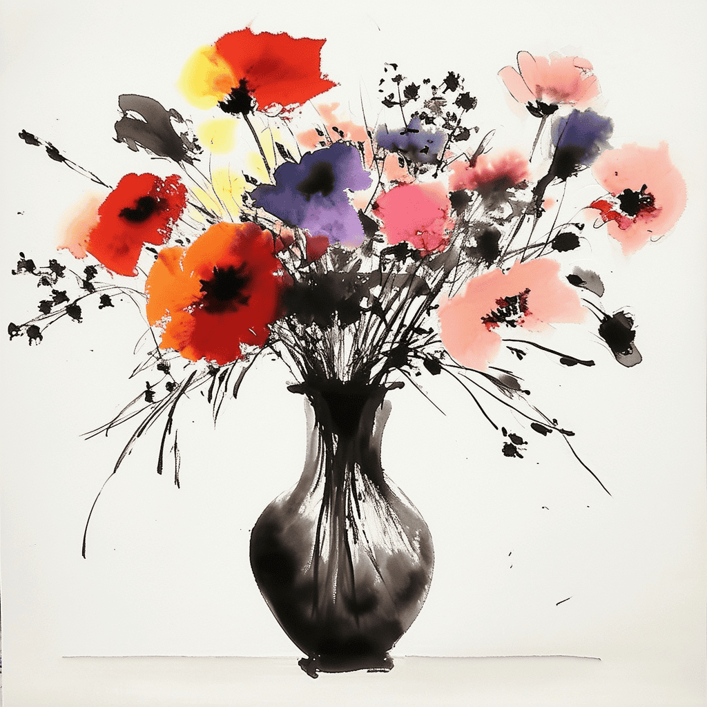 Vase mit Blumen mit Tusche gezeichnet (NF)