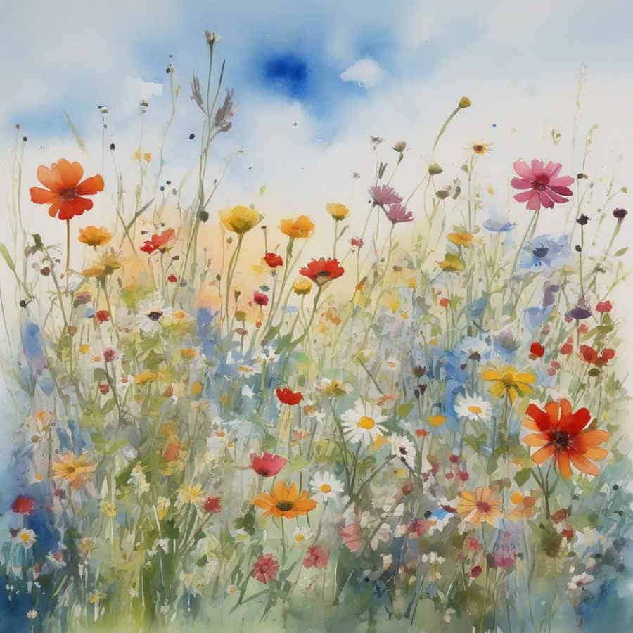 Blumenwiese mit Himmel gemalt als Aquarell (NF)