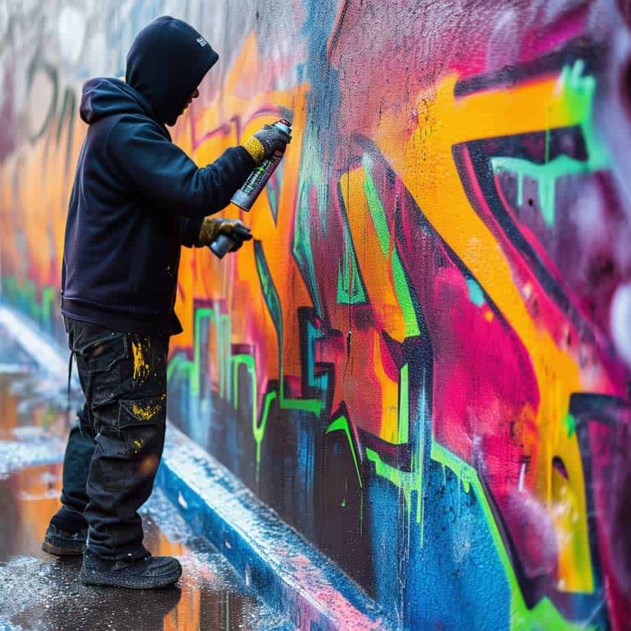 Graffiti-Künstler bei der Graffiti Erstellung mit Spray (NF)