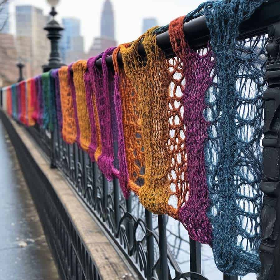 Guerilla Knitting um Brückengeländer als Kunst im öffentlichen Raum (NF)